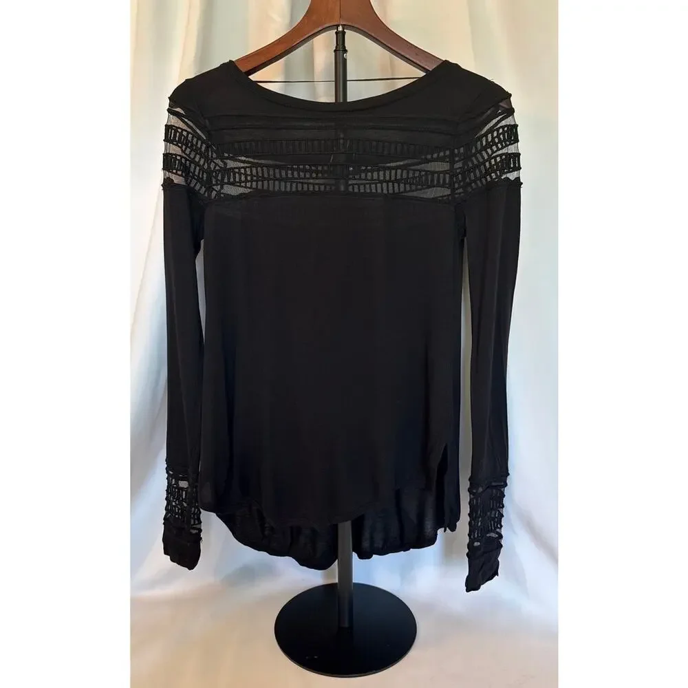 Free People Roxy Roxie Tee Black Long Sleeve Boho Top Lace Hi Low Hem XS